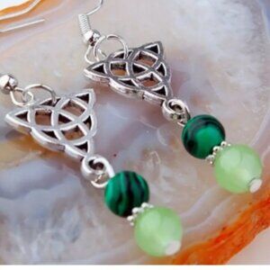 Bohemian Gothic Retro Silver Trinity Knot Green Beads Dangle Earrings